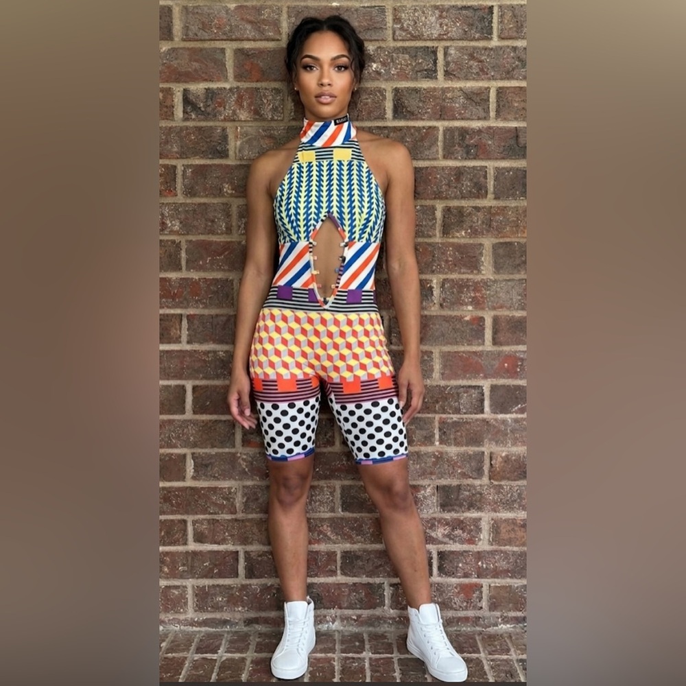 BANJUL Mixed Graphic Print Romper Jumpsuit Halter Cutout Size Medium